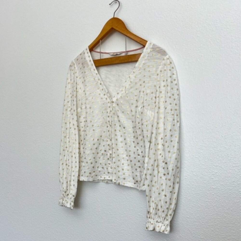 Boden Long Sleeve White Blouse Gold Accent Flowers NWOT Basic Casual Blouse